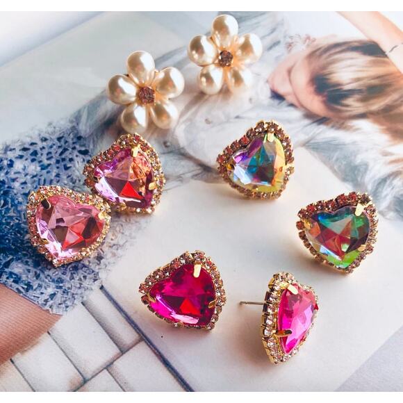 Feed Me Gems Signature Heart Stud Earrings Clear AB, Pink, OR Volcano NWT - Picture 7 of 13